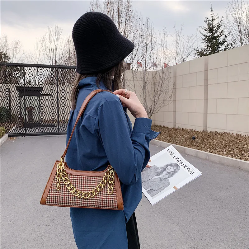 

Сумка-мессенджер через плечо для девушек, сумочка-Багет, новинка 2021, женские модные корейские клетчатые сумки через плечо