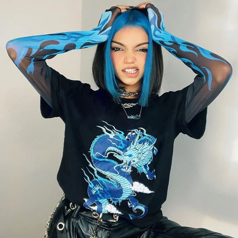 HEYounGIRL Футболка с принтом огненного пламени Harajuku Женская Лоскутная черная