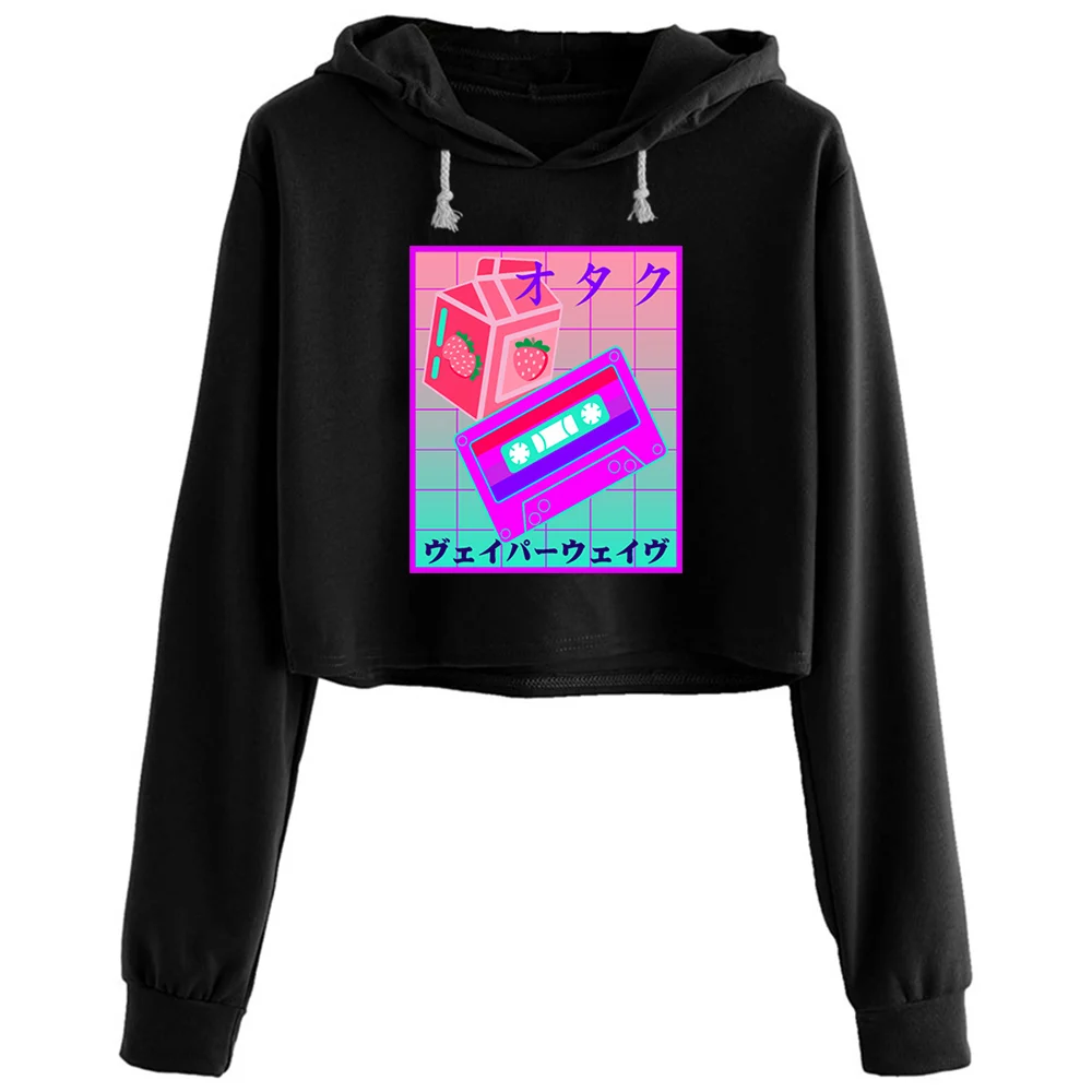 

Японская эстетика клубника молоко Vaporwave кроп-толстовки женские гранж Harajuku аниме эмо пуловер для девочек