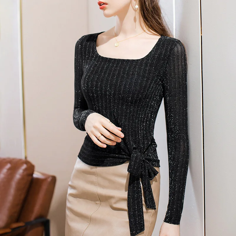 

Net bottomed blouse women's autumn and winter new style with long sleeve design feeling, tie bow and flash silk square collar