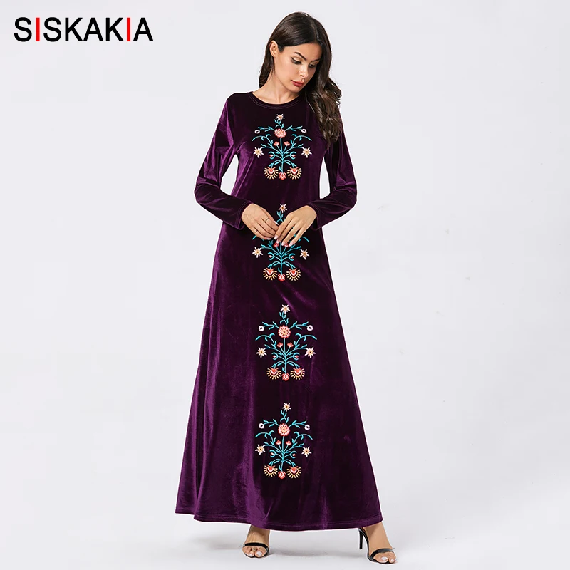 Purple dress Siskakia осень, женское платье с длинным рукавом, вельветовое, длиной до лодыжки, мусульманское повседневное длинное платье размера плюс, новинка, шикарная Цветочная вышивка - Цвет: Purple dress
