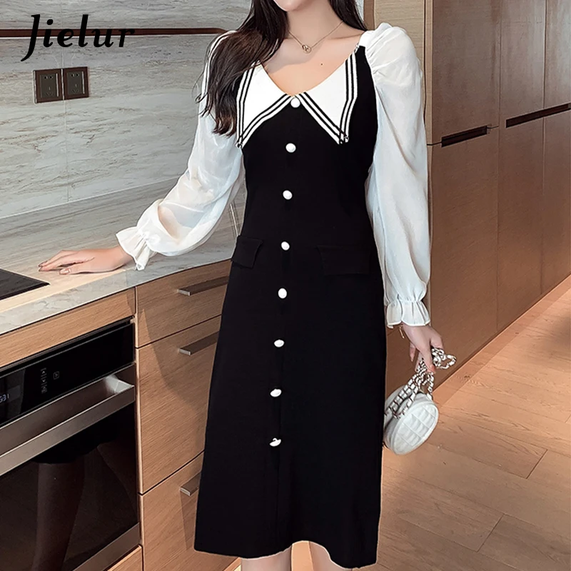Jielur осень зима с 2021 Новое Черное женское платье привлекательное завышенной