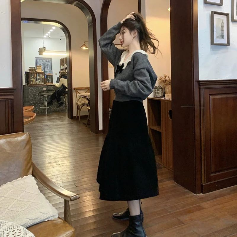 

Autumn and Winter 150cm Small Western Style Youthful-Looking Top Bow V-neck Mohair Loose Short Knitted Sweater for Women