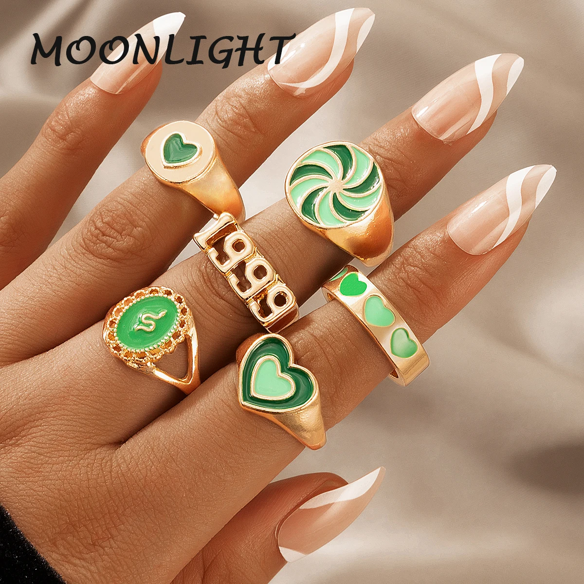 

MOONLIGHT 6pcs/sets Ring Sets for Women Colorful Heart Cute Punk Snake Letter 1999 Gold Alloy Metal Party Jewelry Y2K Wholesales