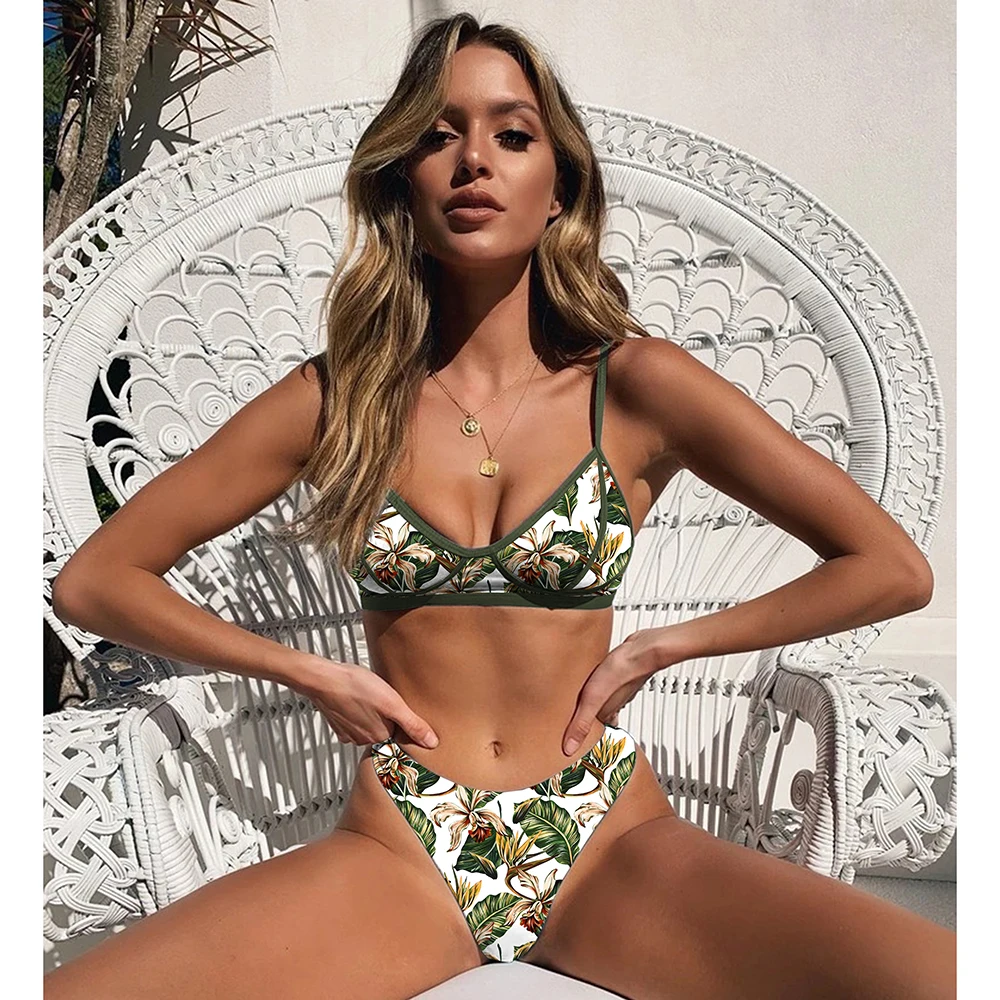 Комплект бикини женский с высокой талией купальник цветочным принтом пляжная