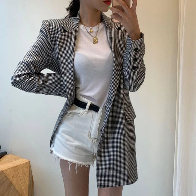 2021 Spring Women Coat Blazer Office Lady Autumn With Belt Contrast Plaid Korea Tide Slim Vintage Female XZ08 |