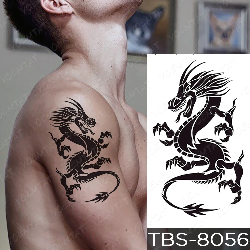 

Dragon Head Temporary Tattoo Sticker Waterproof Tiger Lion Shoulder Arm Back Neck Transferable Tato Man Woman Glitter Kids Tatu