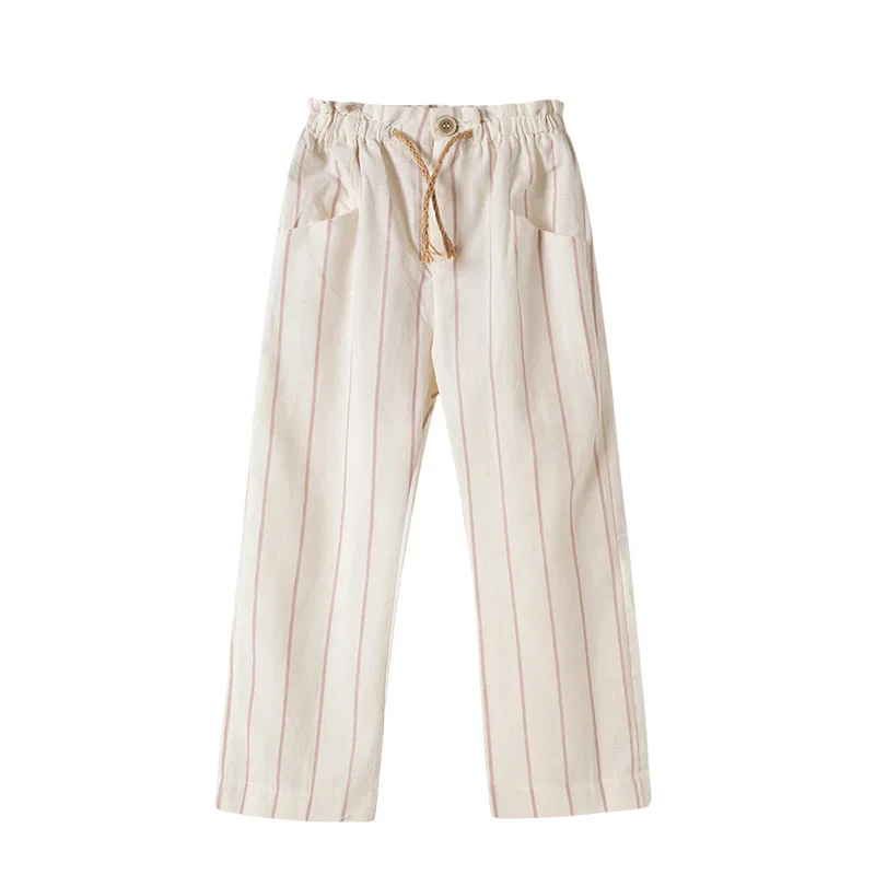 

Spring Children's Clothing Girls Casual Pants New Cotton Linen Striped Straight Pants Fashion Wild Kids Clothes