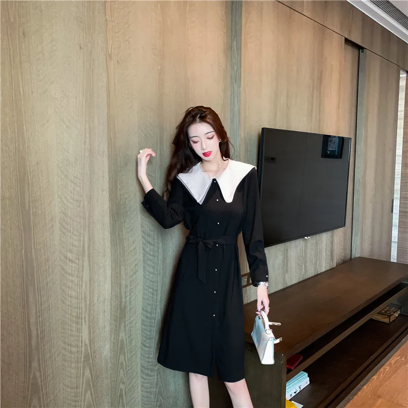 Осень 2020 облегающее черное платье большого размера с воротником Питер Пэн на