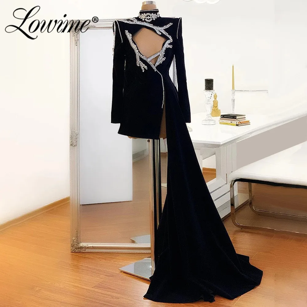 

Lowime Sexy Cut-out Design Silver Crystals High Low Party Cocktail Dresses 2022 Black Evening Gowns Custom Made Celebrity Dress
