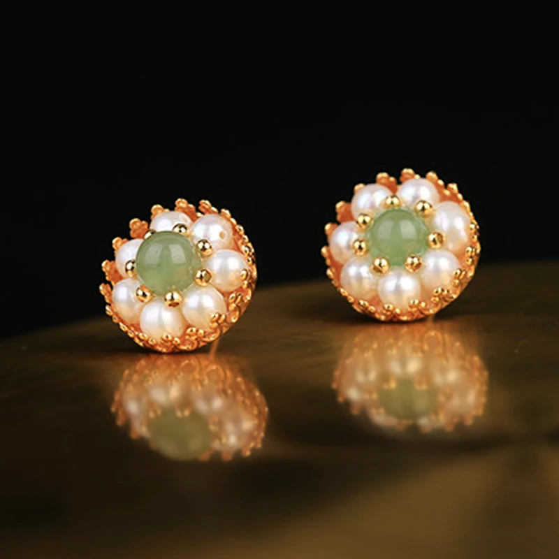 

Fashion Women Girls Round Green Stone Stud Earrings Freshwater Pearl Ear Stud Earrings For Wedding Party Jewelry Gifts Accessory