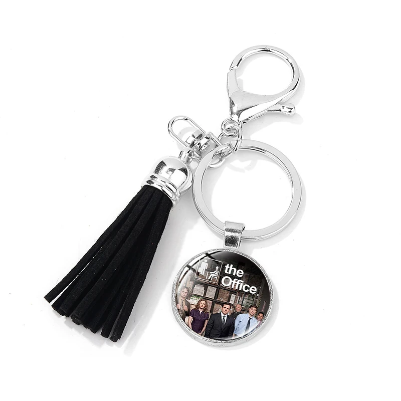 SIAN Cartoon Design The Office Figure Keychain Glass Time Gem Black Leather Tassel Key Rings Trendy TV Show Theme Charm Trinkets | Украшения