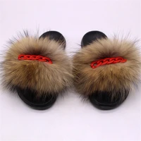 2021 fox sandals furry fur slippers fluffy slippers diamond chain real fur slippers women ladies loafers beach shoes fur slides