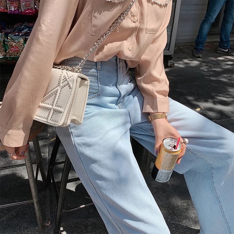 Женские джинсовые брюки с высокой талией MISHOW Свободный Прямой Повседневный