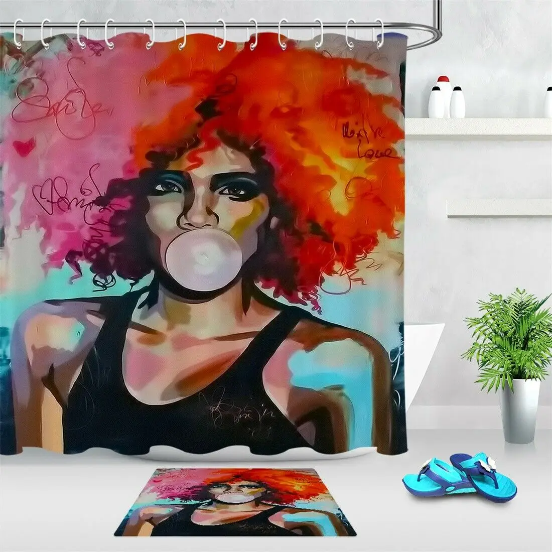 

African American Shower Curtain Set & Hooks Bubble Gum Afro Girl Bathroom Decor