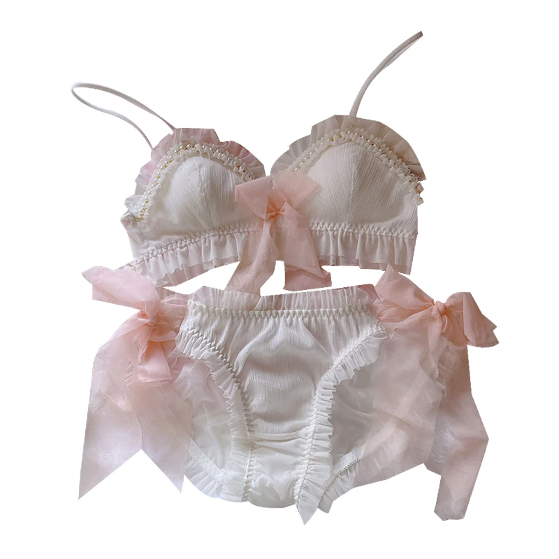 

WOMENGAGA Japanese Lingerie Fairy Girl Sexy Pearl Mermaid Ribbon No Steel Ring Bra Set Bikini Korean Hot Sexy Women Tops I3H3