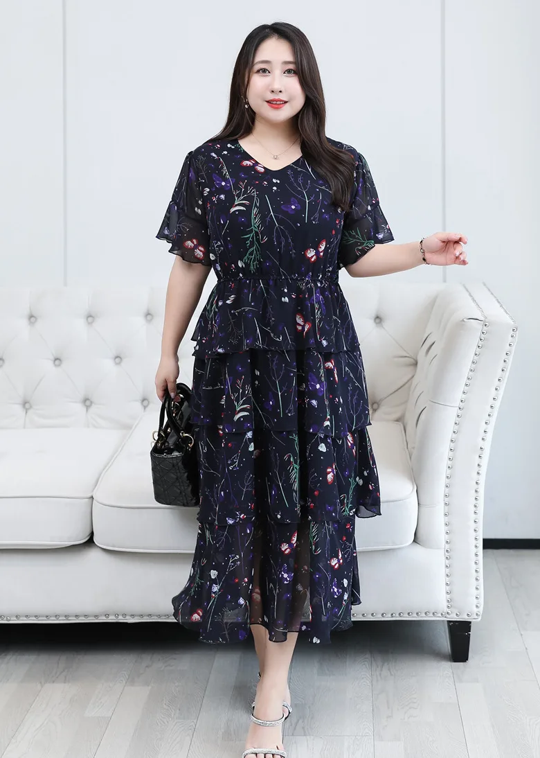 

V-neck High Waist Thin Summer Chiffon Dress Ruffles Floral Print Mid-length Slim 4XL To 8XL Plus Size Casual Dress T1005