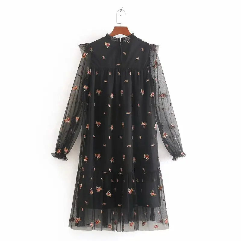 Женское черное платье с вышивкой 2020 модное весеннее женское Сетчатое круглым