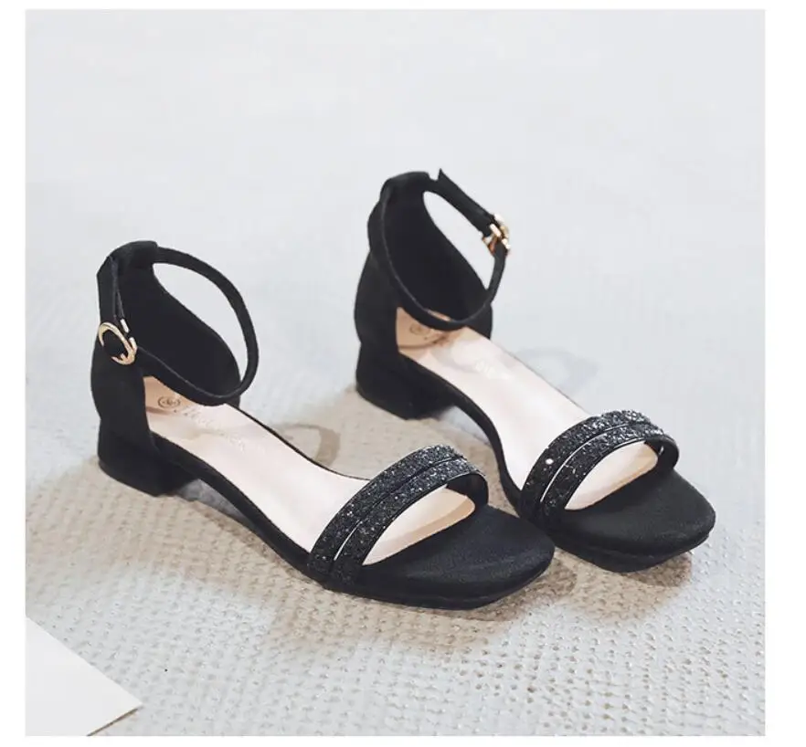 

Summer New Style Sandals Suede Word Buckle Female Shoes Comfortable High Heel Thick With Sandals Female Bling Bling Party Shoes