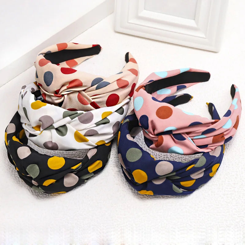

Women Top Knot Headband Hair Accessories Korean Wide Dots Fabric Hairbands for Girls