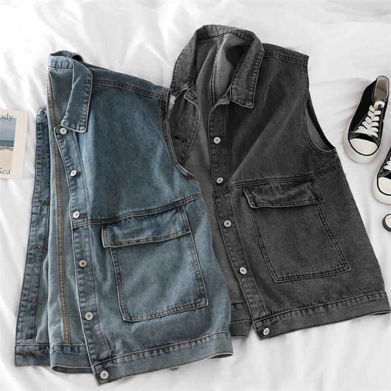 

BF Style Loose Simple Women Denim Vest Fashion Turn Down Collar Single Breasted Design 2021 New Spring Sleeveless Ladies Coat