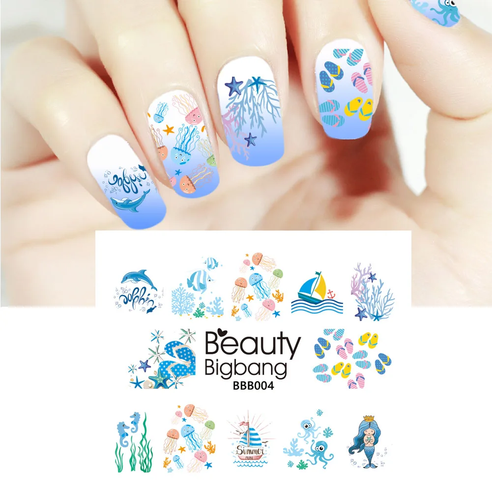 

BEAUTYBIGBANG 1pcs Ocean Dolphin Mermaid Plant Designs Nail Art Water Transfer Stickers Nail Tip Decal Manicure Decor Tool
