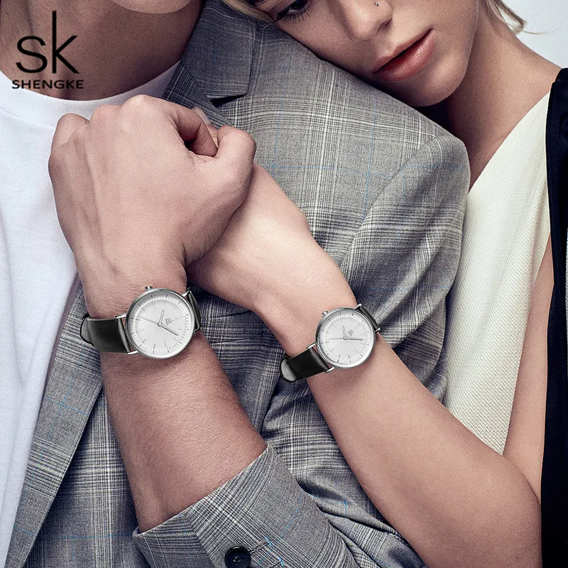 Shengke пара часов женские и мужские кожаные часы простые водонепроницаемые