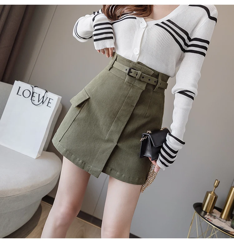 Trytree Autumn Women Casual Empire Short Skirt 5 Colour A-line Fashion Elegant Pockets Button Belt Mini Office Lady Short Skirt