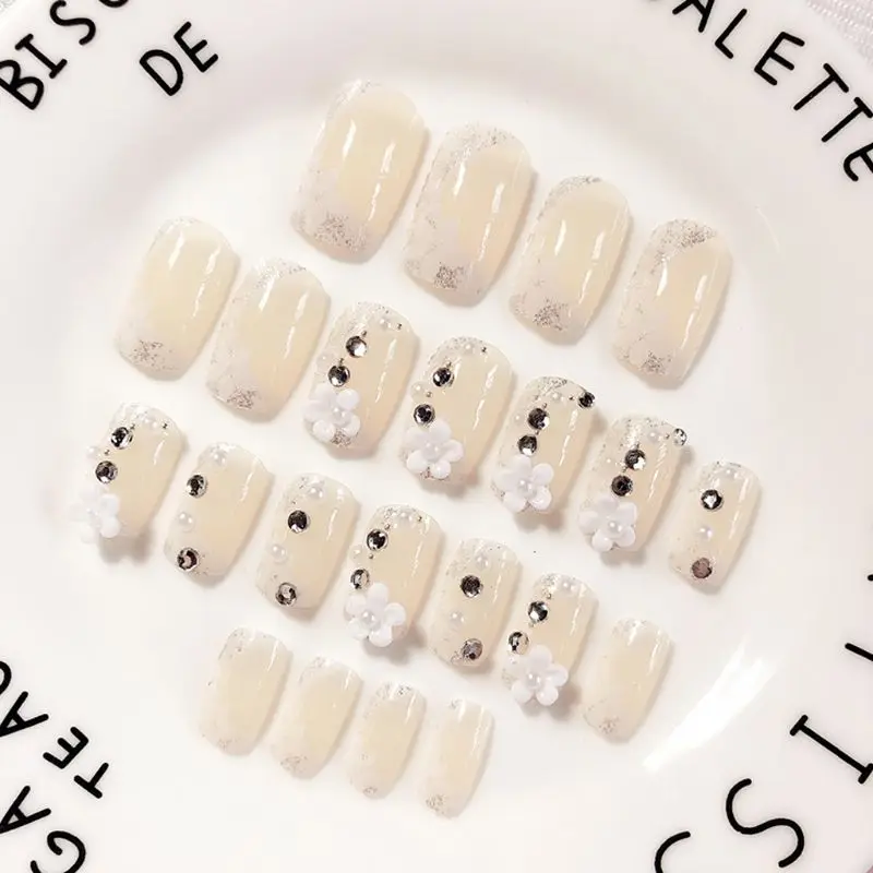 24 шт белый цветок поддельные ногти на пальцах Блестящие Свадебные Длинные
