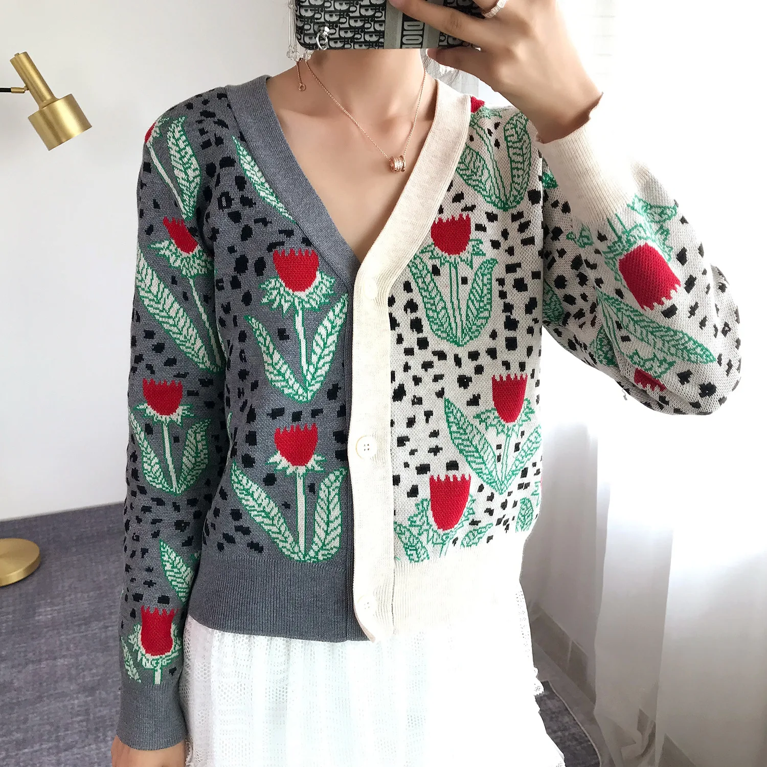 Жаккардовый вязаный свитер кардиган 2019 осенний лоскутный однобортный Кардиган с