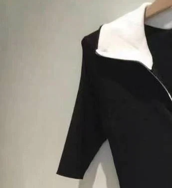 

Women Knitted Dress Black Zipper Short Sleeve Turn-down Collar Slim Color Patchwork Lady Mini Dress