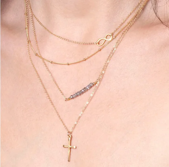 

New Jewelry 4 Layers Item Decoration Trend 8 Word Pearl Multilayer Necklace Cross Pendant Collarbone Chain Choker