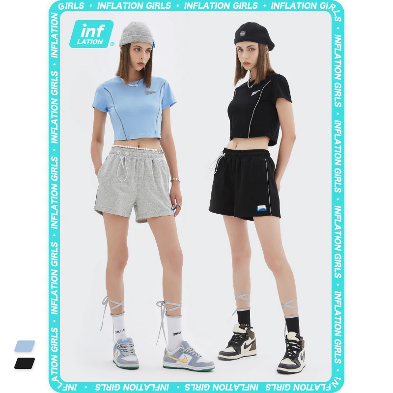 

INFLATION Lady Crop Tops Summer Slim Fit Short Sleeve T-shirts Women Casual Reflective Round Neck Cotton Tops Female 6326GS21