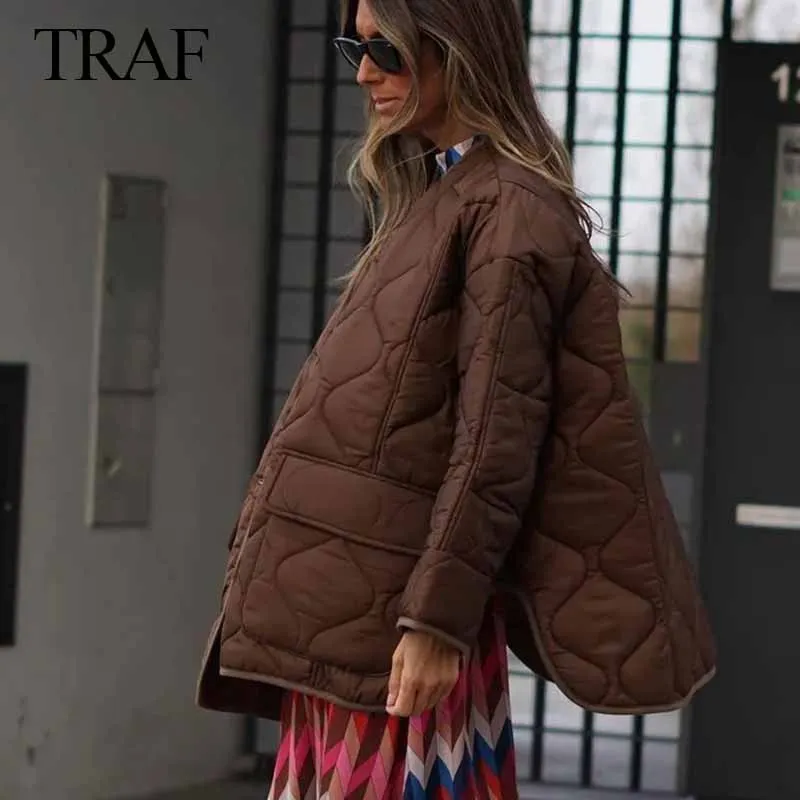 

TRAF ZA 2021 Women's Casual Long-sleeved Pocket Single-breasted Curved Hem Jacket Women's Solid Color Winter Quilted Parka Coat