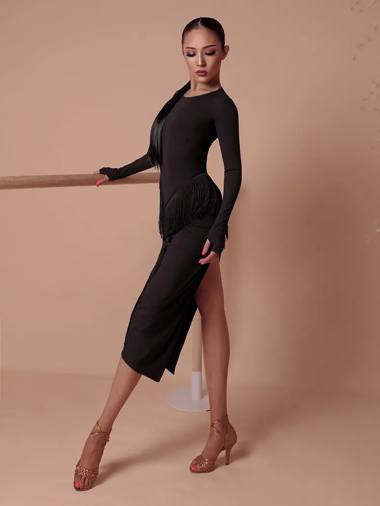 ZYMdancestyle The Curve Fringes Maxi Dress #2046H ZYM tassel dress Rumba long sleeves for professional latin dancer | Тематическая