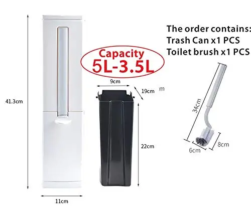 

Ultra-thin plastic trash can 1.3 gallon toilet brush holder with pressure top cover, white rectangular modern bathroom