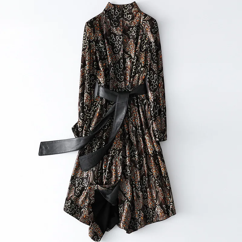 

Spring Chic Slim Coat Outwear High Quality Leather Jacket with Sashes Vintage Printed Sheepskin Female Long Jackets Real Fur