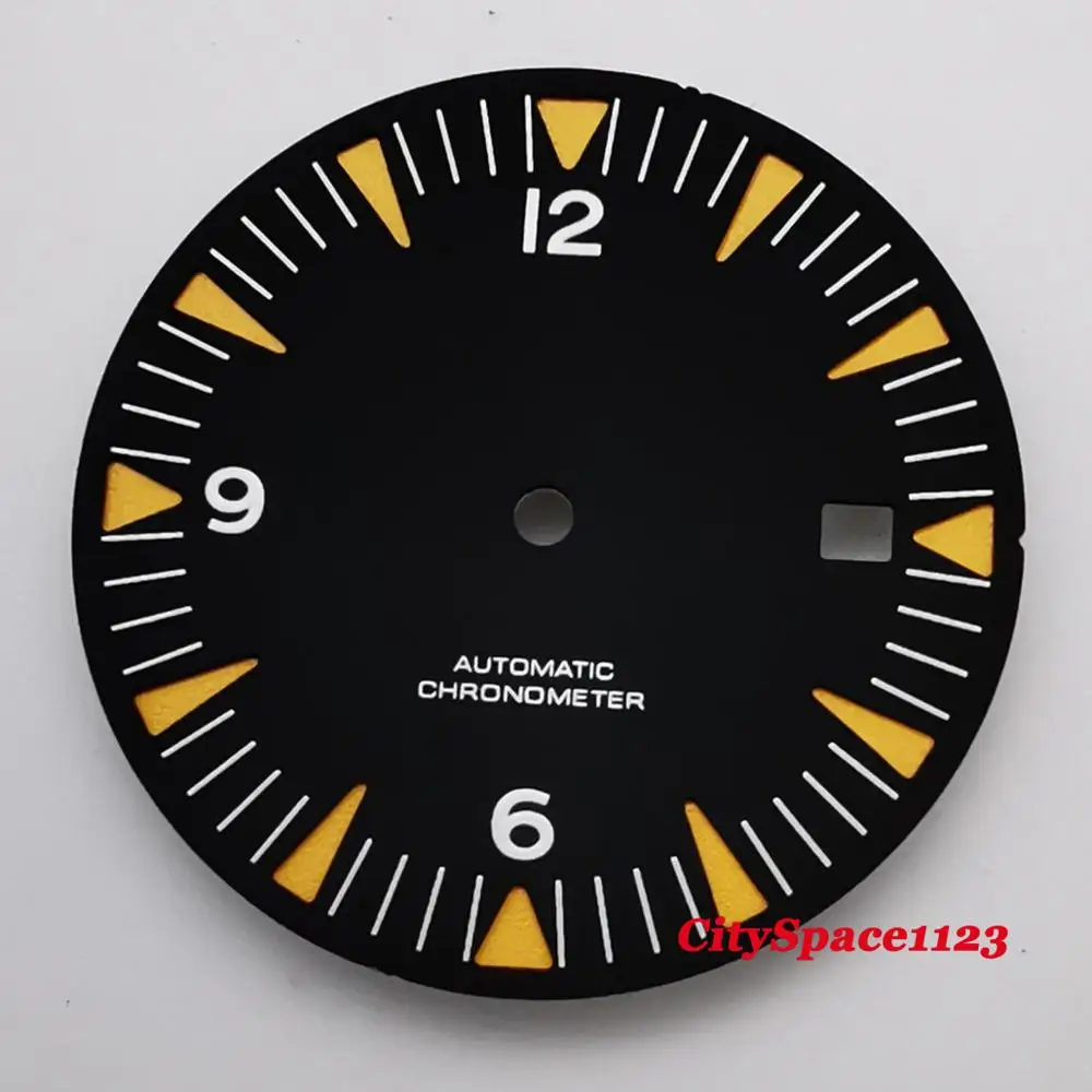 

New 31mm Corgeut black sterile dial luminous markers date window Watch dial fit ETA 2836 Miyota 8215 movement
