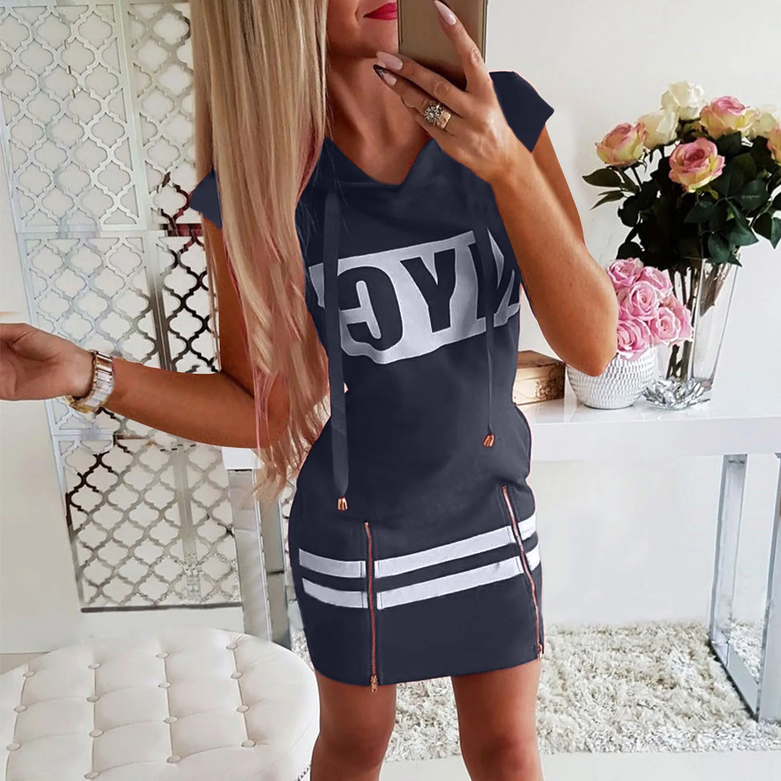 

Vestido corto ajustado con capucha y cuello redondo para mujer ropa cremallera corte de letra impresa Vestido corto ajustado