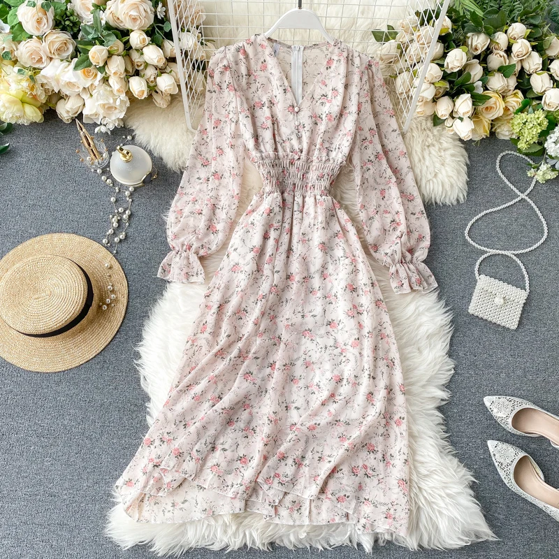 Женское шифоновое платье трапеция повседневное облегающее с длинным рукавом V