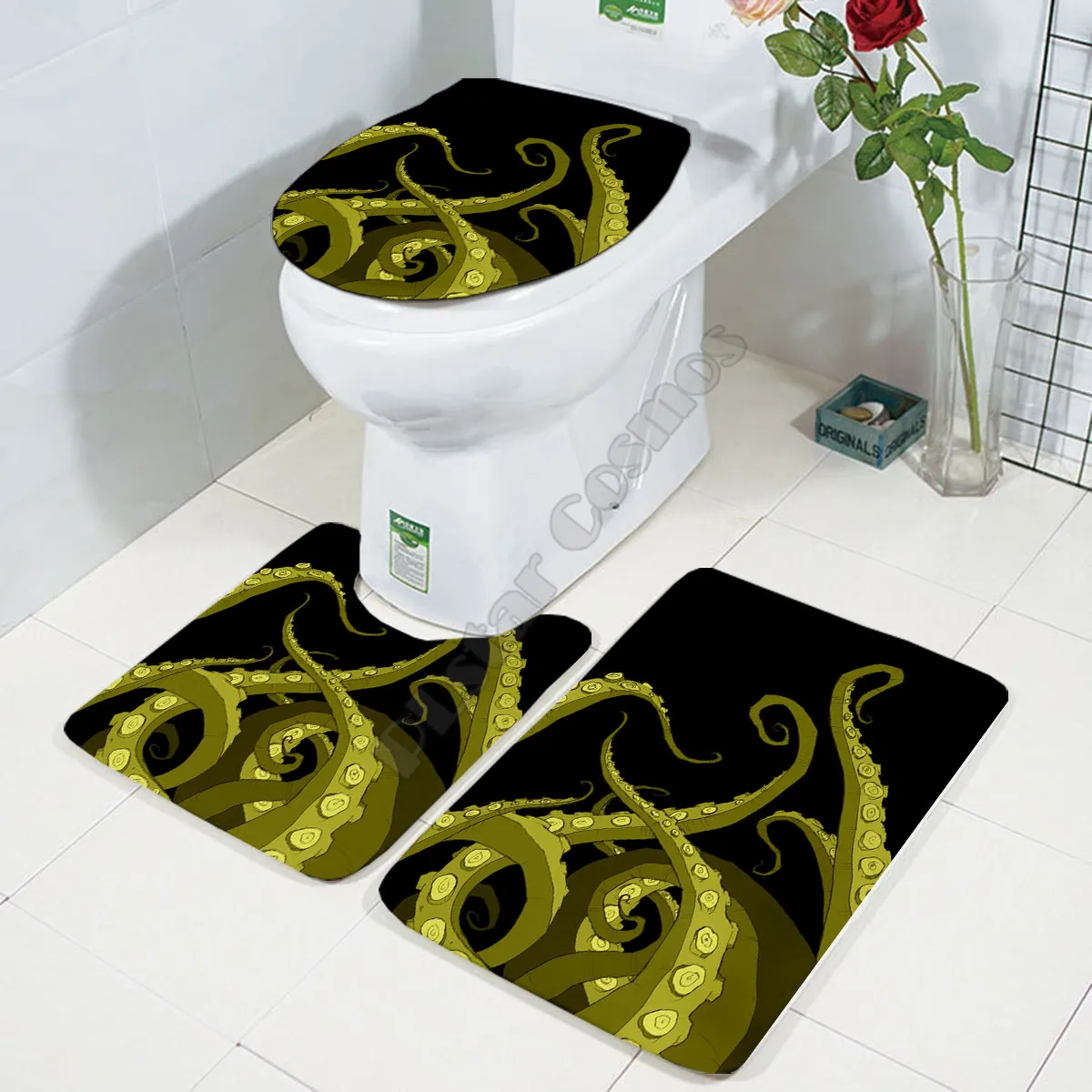 

Octopus Three-piece set 3D printed Bathroom Pedestal Rug Lid Toilet Cover Bath Mat Set drop shipping 3