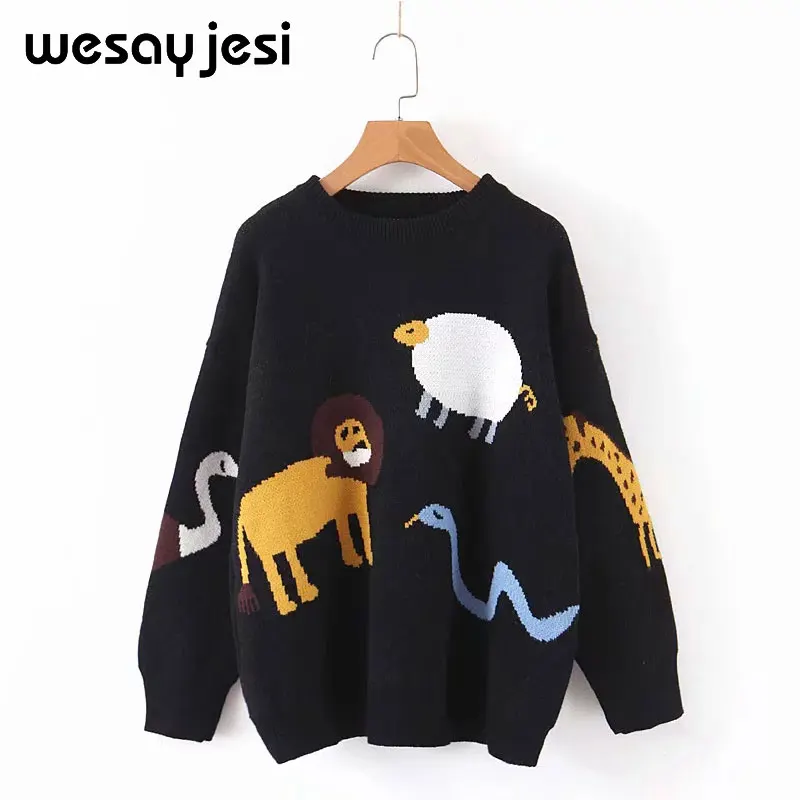 sweater Осенне-зимний женский свитер с круглым вырезом и принтом, вязаный свитер Harajuku, повседневный длинный свитер для фейерверка, женская одежда - Цвет: sweater