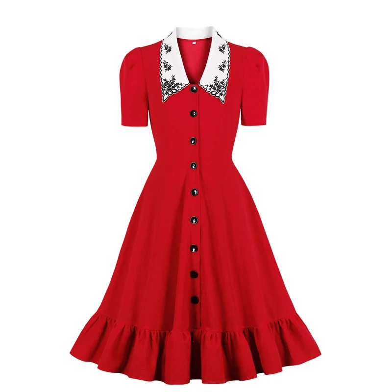 

Summer Fashion Women Short sleeve Flower Embroidery button cute red vintage ruffle skater pin up skater dress elegant clothing
