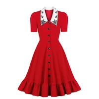 summer fashion women short sleeve flower embroidery button cute red vintage ruffle skater pin up skater dress elegant clothing
