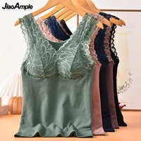 womens autumn winter warm velvet vest lady sexy lace push up without underwire underwear slim solid v neck sleeveless tops