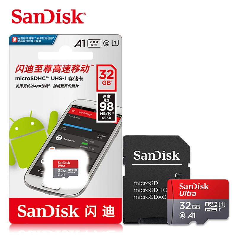 

Original SanDisk Memory card 256GB 128GB 64GB 32GB 16GB 120MB/s Ultra A1 microSDXC UHS-I Class10 flash micro SD Card + Adapter