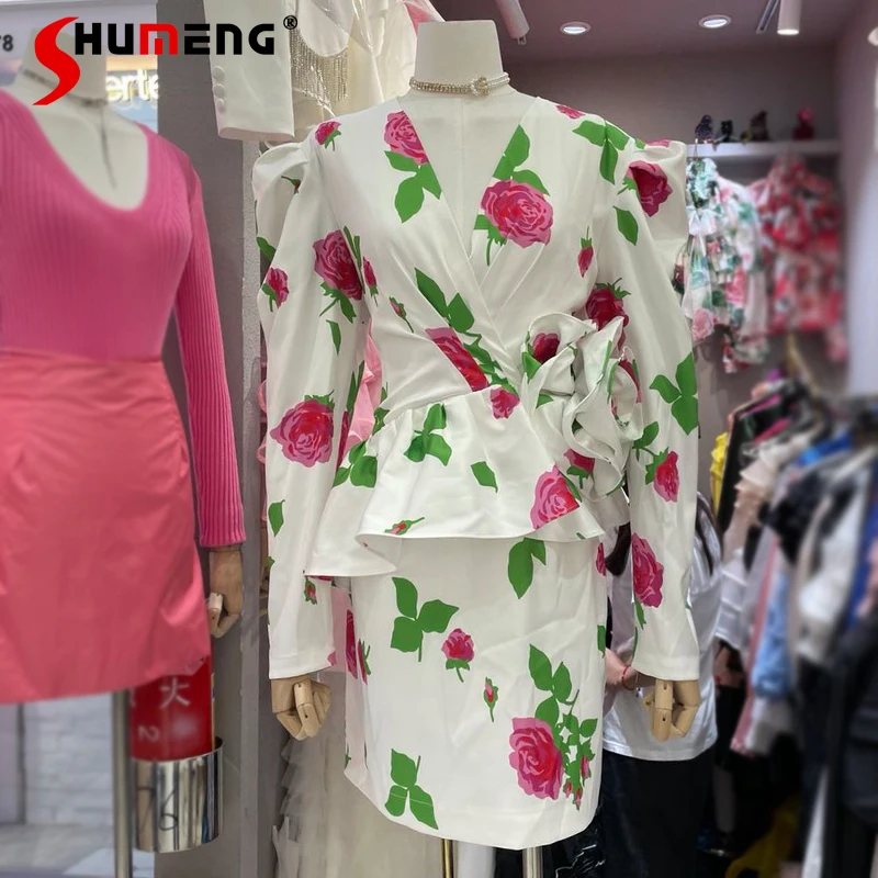 

2021 Early Autumn New Female Korean Style Elegant Office Lady Business One-Step Dress Women's Fashion Flower V-neck Hip Dress