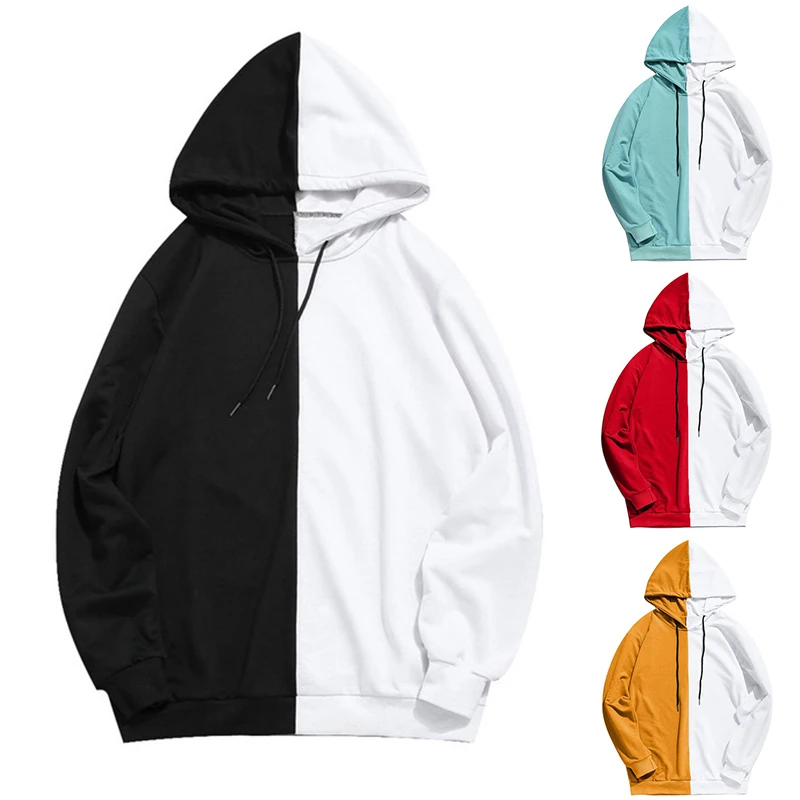 

Spring Autumn Men Hoodies Sweatshirt Black White Patchwork Casual Hoodie Outwear Korean Style Outdoor Hooded Couple Sweatshirt