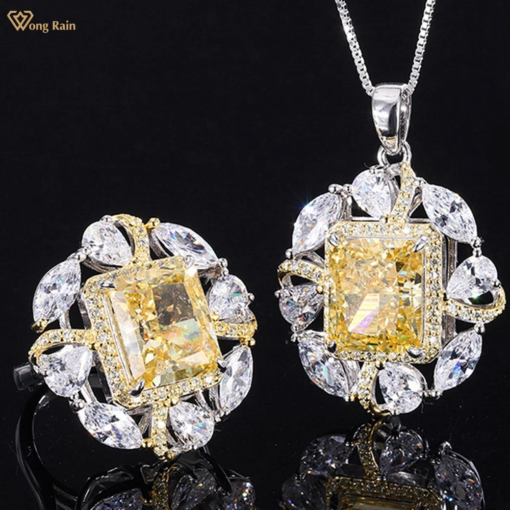 

Wong Rain 100% 925 Sterling Silver Radiant Cut 10*12MM Created Moissanite Gemstone Party Pendant/Necklace/Ring Women Jewelry Set