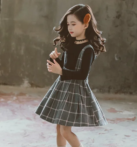 Children Clothing Girls Autumn Set Long Sleeve Shirts + Plaid Straps Dress Suits Two Piece Princess Outfits | Детская одежда и